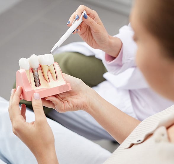 dental professional discussing dental implants with a patient with a dental model